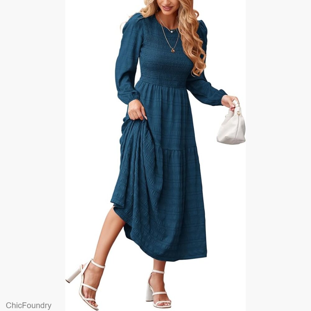 Puff Sleeve Smocked Tiered Maxi Dress Boho A-Line Flowy Wedding Party